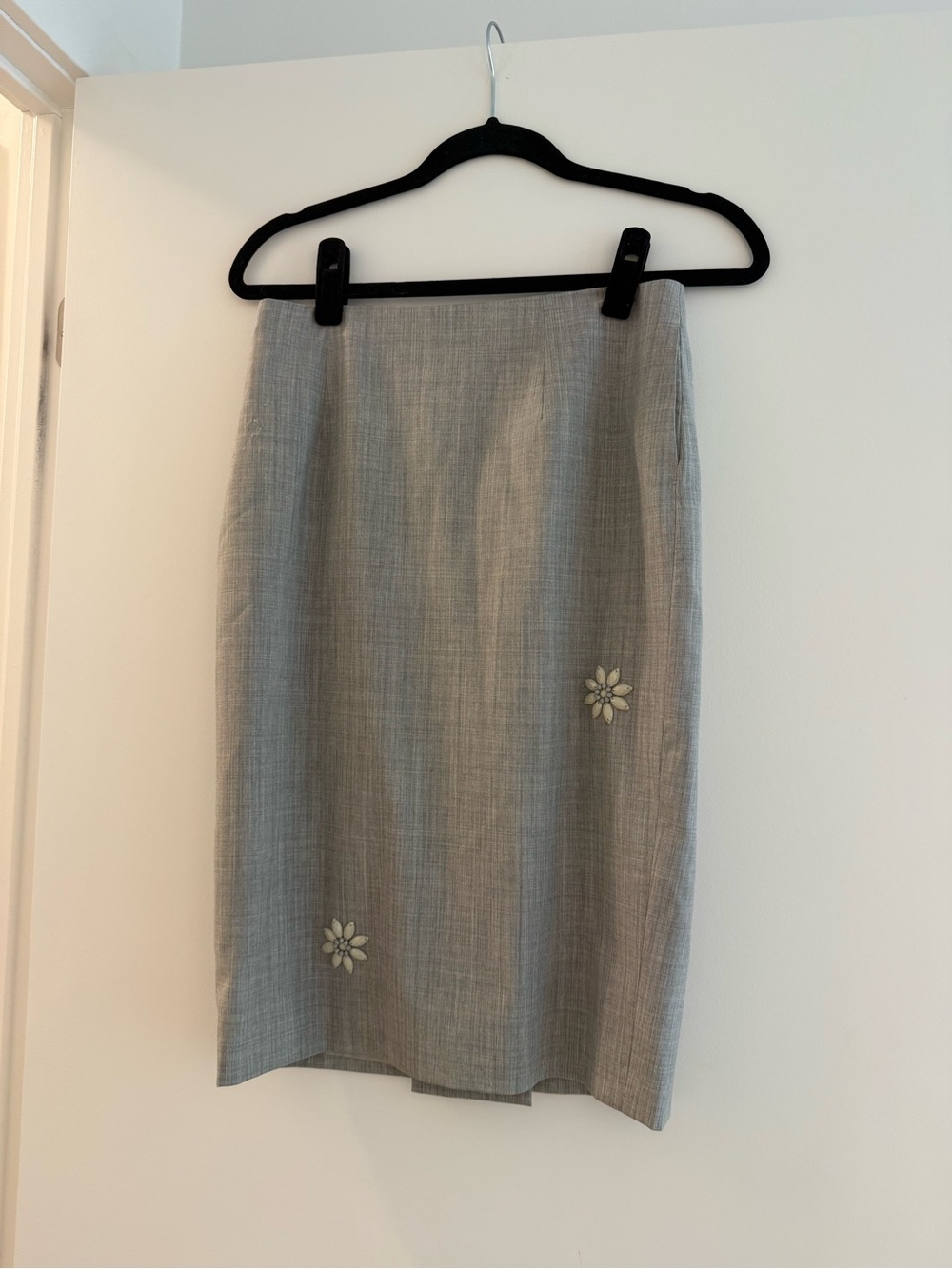 Grey Midi Pencil Skirt with Floral Appliqué